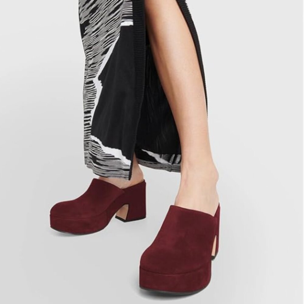 Pazzion Burgundy Platform Round Toe Clogs Mule Slip On Block High Heel Slippers